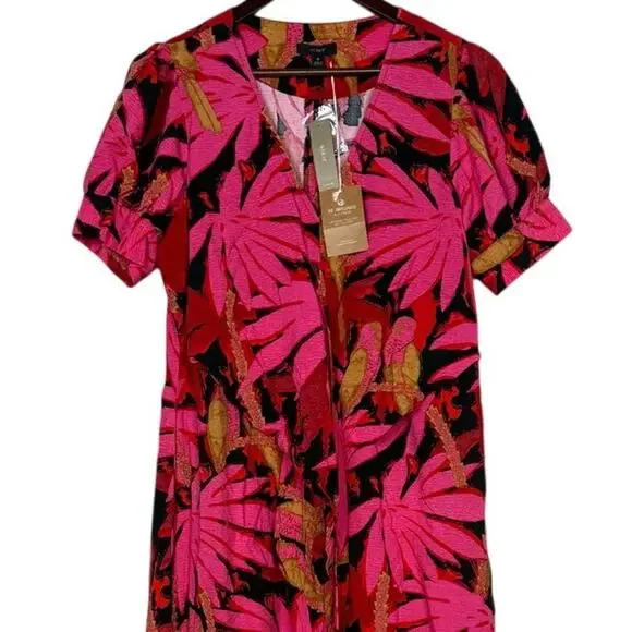 NWT J. Crew Tropical Palm Print Faux Tie Wrap Midi Dress V Neck Zip Up 6 Pink - Picture 4 of 16